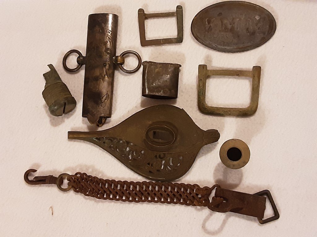 collection of civil war battlefield relics: you are bidding on the entire collection of battlefield found relics including A VMM buckle, bayonet throat, buckles, cannonball fuses , sword guard, etc