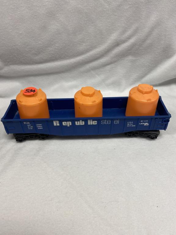 Lionel Republic Steel 9136 Car with Tanks: Lionel Republic Steel 9136 Car with Tanks