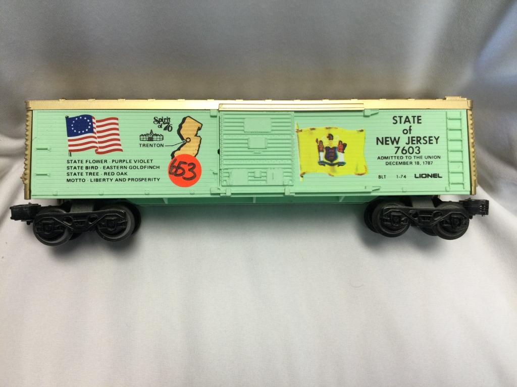 LIONEL State of New Jersey #7603 Train You are bidding: You are bidding on a State of New Jersey 7603 LIONEL train car. A very nice piece to add to your collection!