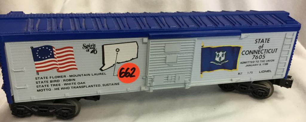 LIONEL STATE OF CONNECTICUT 7605 TRAIN CAR You are: You are bidding on a LIONEL STATE OF CONNECTICUT 7605 TRAIN CAR. In great condition.
