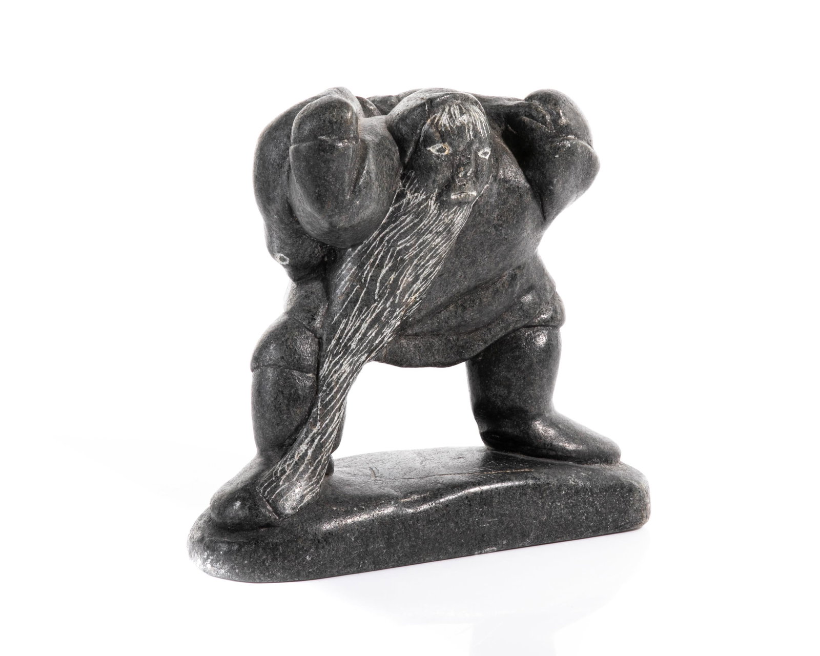 SAKARIASI TUTUTTUK TARRIASUK , Old Man with Long Beard: SAKARIASI TUTUTTUK TARRIASUK (1929-) IVUJIVIK Old Man with Long Beard Shouldering a Seal stone, 5.5. x 5 x 2 in (14 x 12.7 x 5.1 cm) signed, "ᓴᑭ&