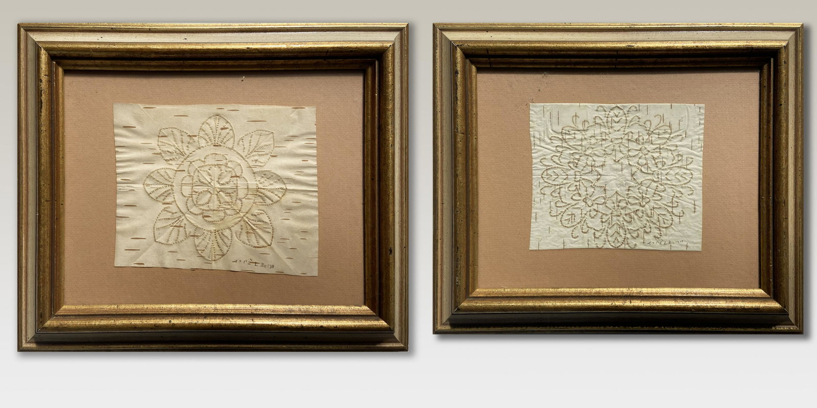 ANGELIQUE MERASTY, Two Birch Bark Bitings: ANGELIQUE MERASTY (1924-1996) ANISHINAABE Two Birch Bark Bitings, c. 1980 each incised birch bark, the first: 5 3/4 x 5 in (14.6 x 12.7 cm) the second: 6 1/2 x 5 x (16.5 x 12.7 cm) 