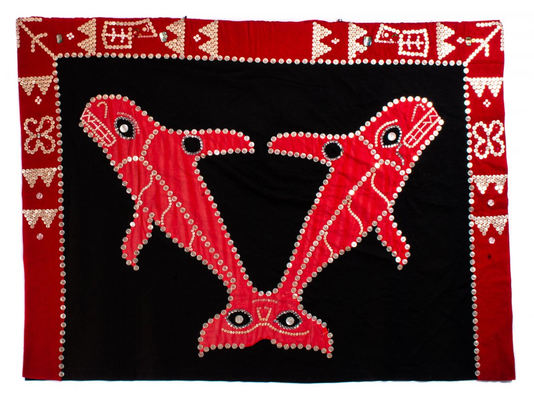 UNIDENTIFIED, KWAKWA̱KA̱ʼWAKW, Button: UNIDENTIFIED ARTIST, KWAKWA̱KA̱ʼWAKW Button Blanket with Split (Double) Whale Motif black cloth with crimson red cloth border, decorated on either side of the 'neck break' wit