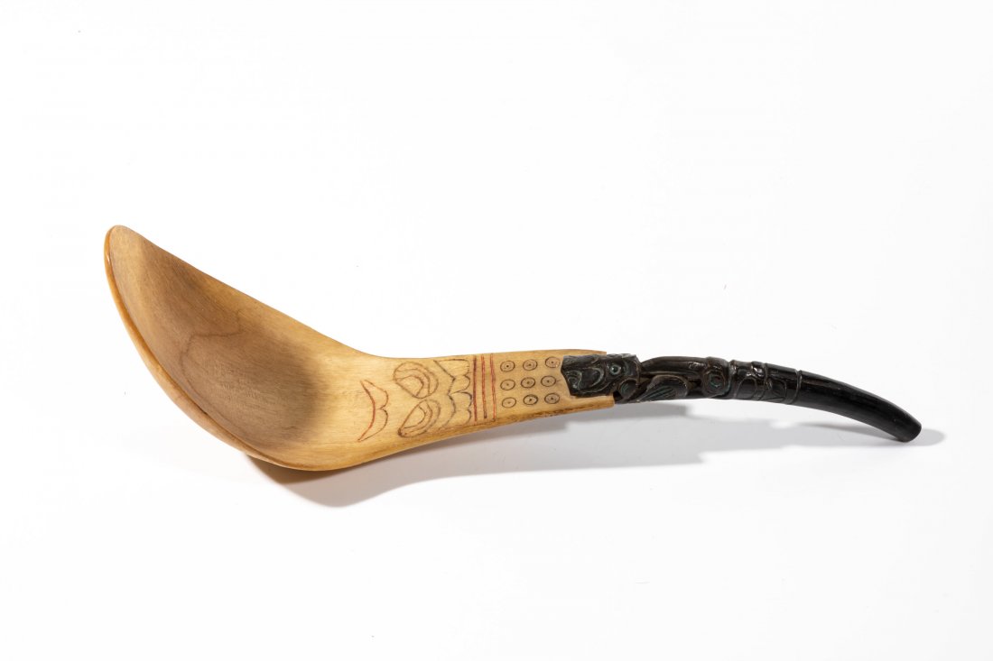 UNIDENTIFIED MAKER, Tlingit, Feast Spoon with Totemic: UNIDENTIFIED MAKER, Tlingit Feast Spoon with Totemic Carved Handle goat horn handle carved in a totemic composition riveted to sheep horn bowl with inlaid pigment design to bowl, goat ho