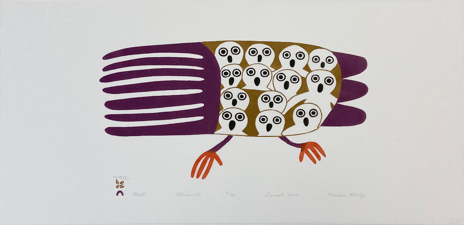 MEELIA KELLY, Inuit, Hoot, 2006: MEELIA KELLY (1940-2006) KINNGAIT (CAPE DORSET) Hoot, 2006 #17 Printmaker: QAVAVAU MANUMIE (1958 -) KINNGAIT (CAPE DORSET) stonecut, 13.25 x 24.25 in (33.7 x 61.6 cm) 5/50 Hoot was featured on the cov