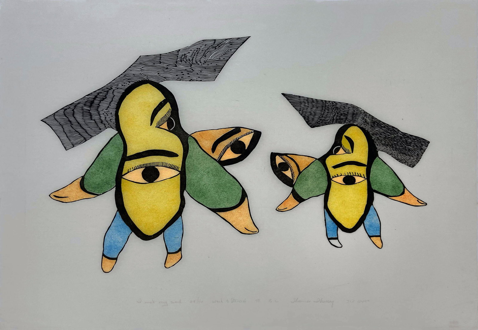 THOMAS IKSIRAQ, Inuit, I Met My Soul, 1998: THOMAS IKSIRAQ (1941-) QAMANI'TUAQ (BAKER LAKE) I Met My Soul, 1998 #6 Printmaker: THOMAS IKSIRAQ (1941-) QAMANI'TUAQ (BAKER LAKE) woodcut and stencil, 19.5 x 24.5 in (49.5 x 62.2 cm) 28/40