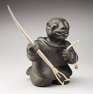 JUDAS ULLULAQ, Inuit, Excited Fisherman, c. 1984: JUDAS ULLULAQ (1937-1999) Uqsuqtuuq (Gjoa Haven) Excited Fisherman,c. 1984 stone, antler, string, and muskox horn, 13.5 x 16 x 11 in (34.3 x 40.6 x 27.9 cm) signed, "ᐅᓗᓚ". Provenance