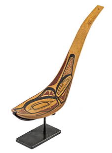 Attr: TOM PRICE, Feast Spoon, c. 1880s: Attr: TOM PRICE (NUNSTINS) (1857-1927) HAIDA, SKIDEGATE Feast Spoon,c. 1880s polychromed wood, 9.75 x 7 x 3 in (24.8 x 17.8 x 7.6 cm), with display stand; unsigned; inscribed in graphite by a member o