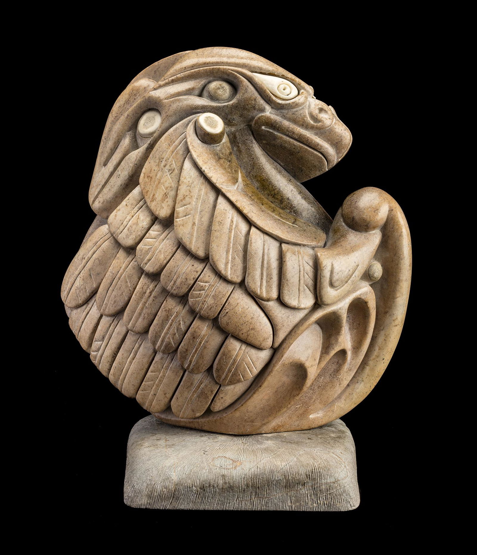 ABRAHAM ANGHIK, Inuit, Shaman-Bird Transformation,: ABRAHAM ANGHIK RUBEN (1951-), SALT SPRING ISLAND, BC Shaman-Bird Transformation,mid-late 1980s stone, antler, walrus tusk and black inlay, 14.25 x 12.75 x 7 in (36.2 x 32.4 x 17.8 cm) unsigned. Proven