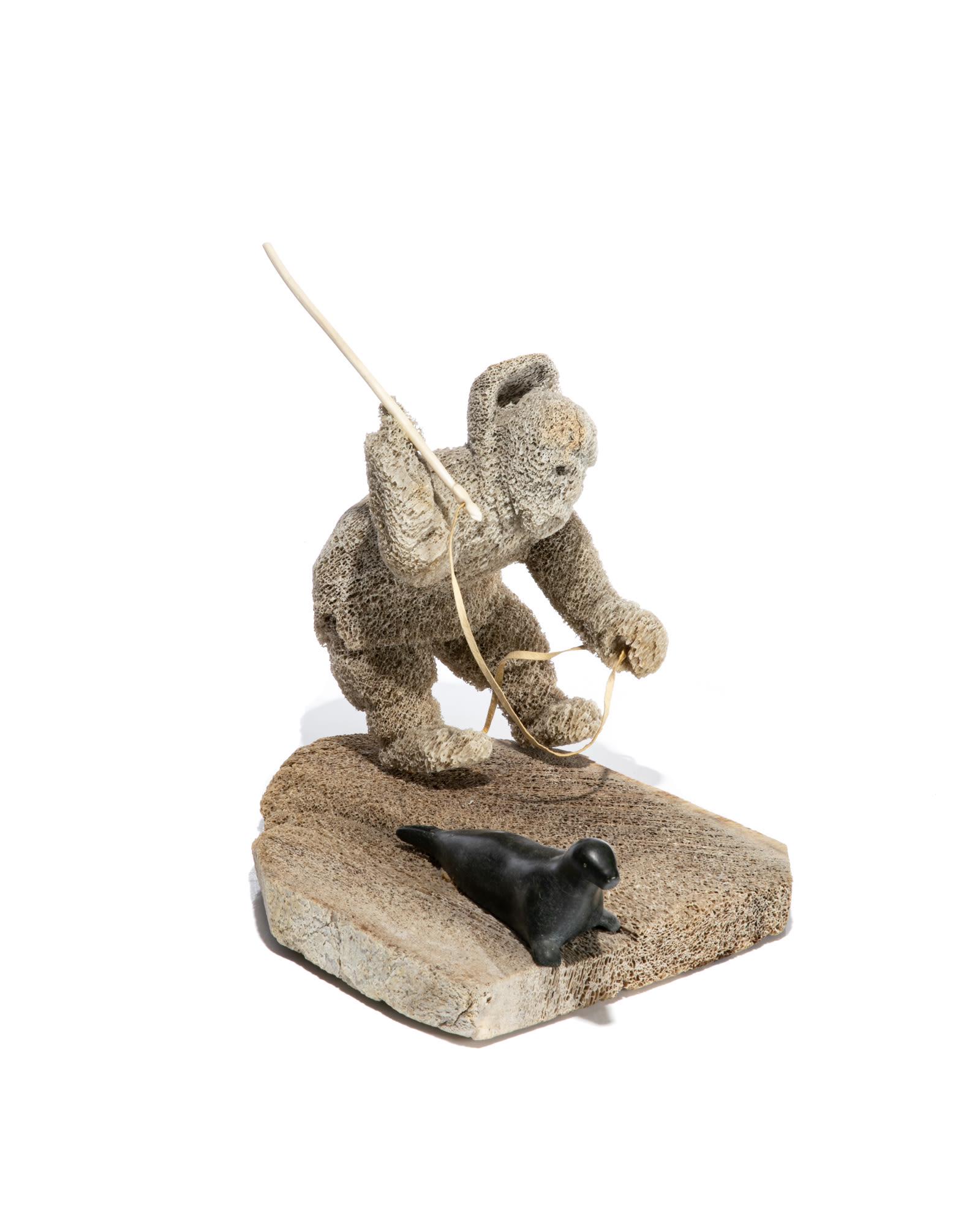 UNIDENTIFIED ARTIST, Inuit, Hunter Approaching Seal,: UNIDENTIFIED ARTIST, Probably NORTHERN QIKIQTAALUK (BAFFIN) Hunter Approaching a Seal, c. 1980s bone, stone, skin, and antler, 10.5 x 10.75 x 9 in (26.7 x 27.3 x 22.9 cm) seemingly unsigned. Provenanc