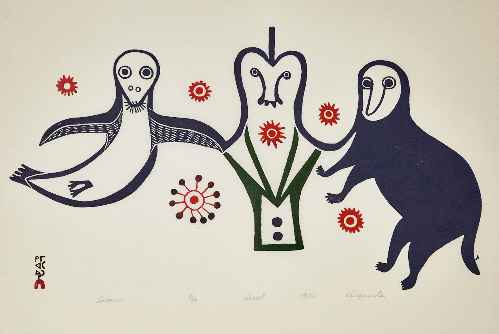 KINGMEATA ETIDLOOIE, Inuit, Dream, 1971 #40: KINGMEATA ETIDLOOIE (1915-1989) KINNGAIT (CAPE DORSET) Dream, 1971 #40 Printmaker: TIMOTHY OTTOCHIE (1904-1982) KINNGAIT (CAPE DORSET) stonecut, 17.25 x 24.75 in (43.8 x 62.9 cm) 5/50 Provenance Priva