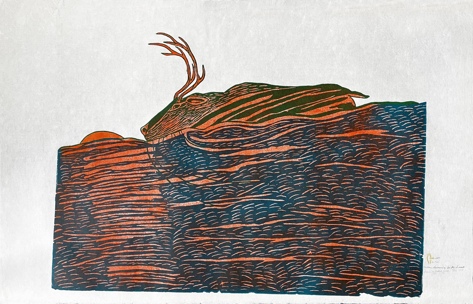 WILLIAM NOAH, Inuit, Caribou Swimming in the Sunset,: WILLIAM NOAH (1943-2020) QAMANI'TUAQ (BAKER LAKE) Caribou Swimming in the Sunset, 1975 #4 Printmaker: MARTHA NOAH (1943-) QAMANI'TUAQ (BAKER LAKE) stonecut and stencil, 24.75 x 38 in (63 x 98.1 cm) 29