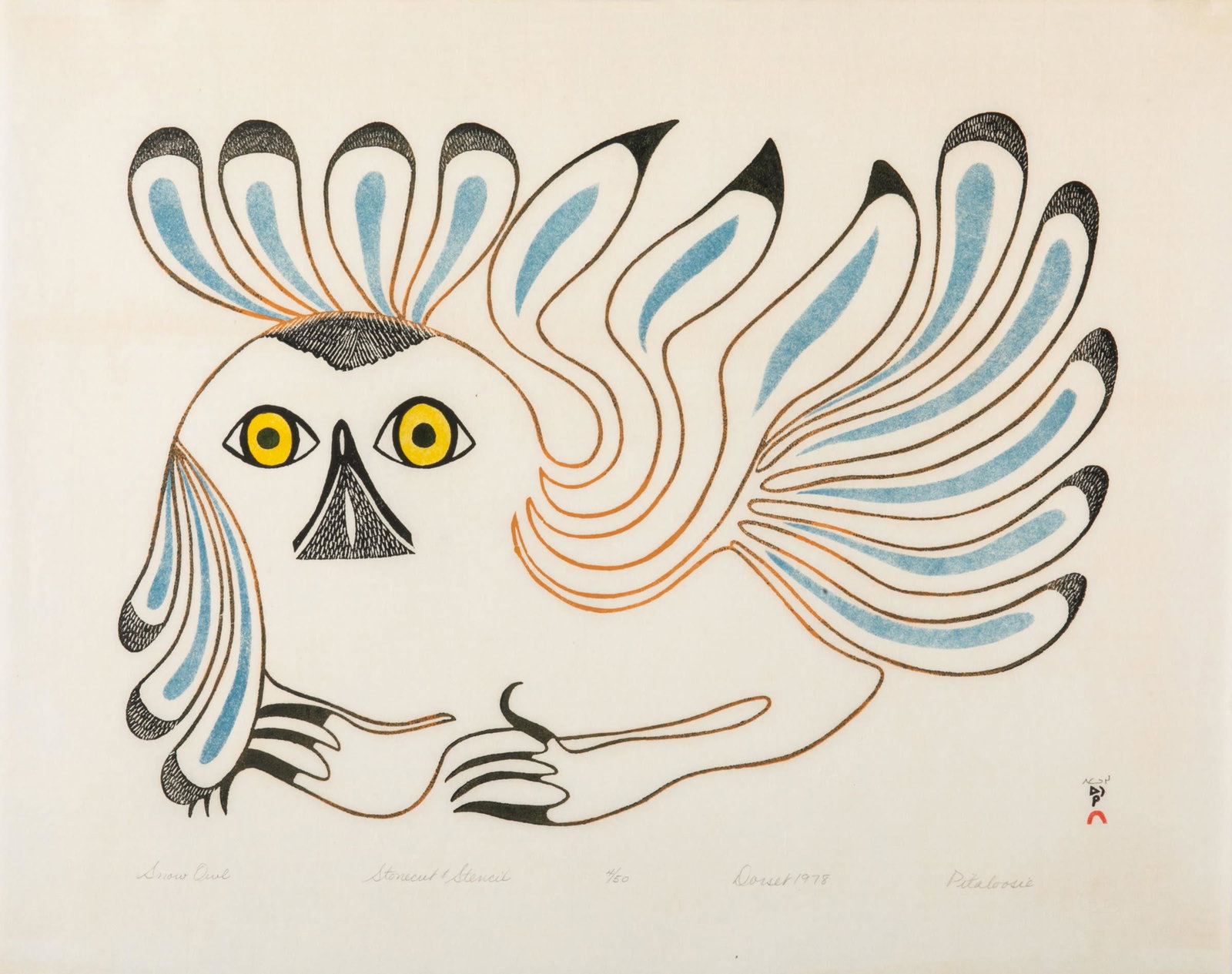 PITALOOSIE SAILA, INUIT, Snow Owl, 1978: PITALOOSIE SAILA, R.C.A. (1942-) KINNGAIT (CAPE DORSET) Snow Owl, 1978 (1980 #37) Printmaker: TIMOTHY OTTOCHIE (1904-1982) KINNGAIT (CAPE DORSET) stonecut and stencil, 22.25 x 27.75 in (56.5 x 70.5 cm