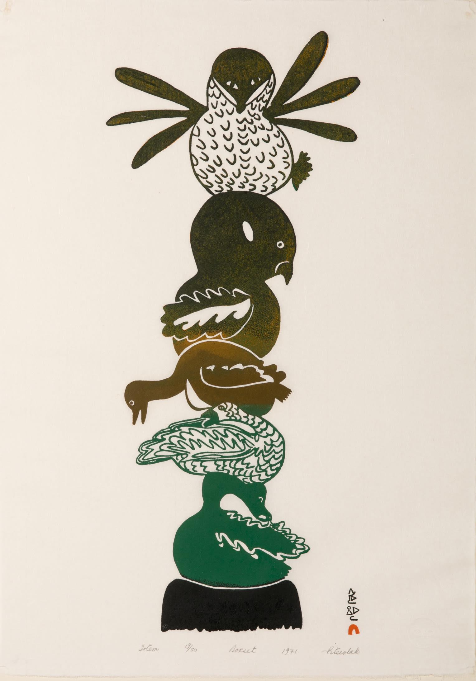 PITSEOLAK ASHOONA, INUIT, Totem, 1971 #12: PITSEOLAK ASHOONA, R.C.A., O.C., (1904-1983) KINNGAIT (CAPE DORSET) Totem, 1971 #12 Printmaker: IYOLA KINGWATSIAK (1933-2000) KINNGAIT (CAPE DORSET) stonecut, 24 x 17 in (61 x 43.2 cm) 19/50 Pro