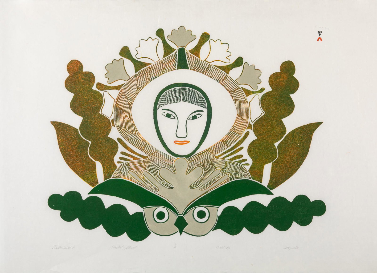KENOJUAK ASHEVAK, INUIT, The Owl and I, 1975: KENOJUAK ASHEVAK, C.C., R.C.A. (1927-2013) KINNGAIT (CAPE DORSET) The Owl and I, 1975 #1 Printmaker: TIMOTHY OTTOCHIE (1904-1982) KINNGAIT (CAPE DORSET) stonecut and stencil, 24.5 x 33 in (62.2 x 83.8