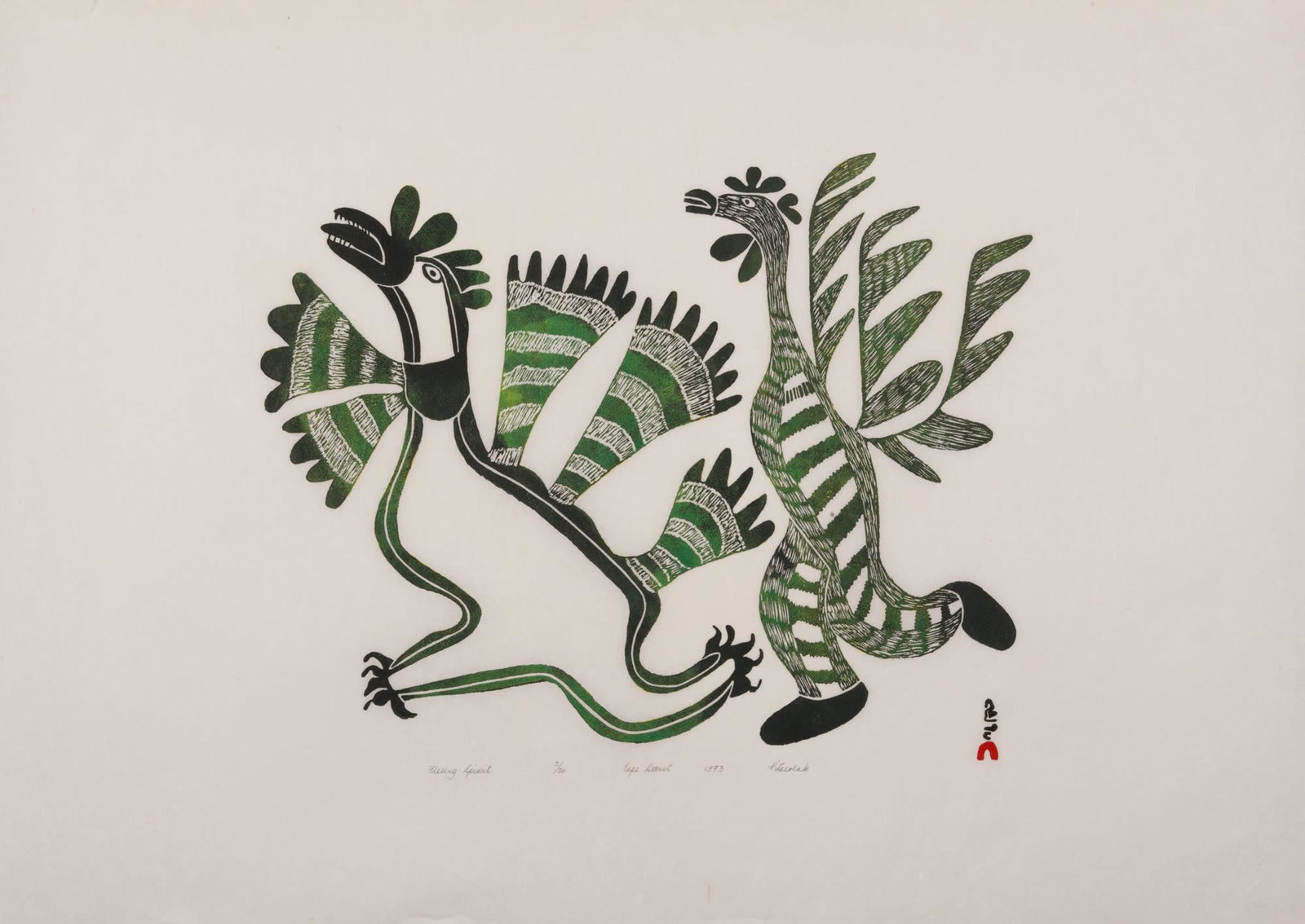 PITSEOLAK ASHOONA, Fleeing Spirit, 1973 #19: PITSEOLAK ASHOONA, R.C.A., O.C., (1904-1983) KINNGAIT (CAPE DORSET) Fleeing Spirit, 1973 #19 Printmaker: LUKTA QIATSUK (1928-2004) KINNGAIT (CAPE DORSET) stonecut, 24 x 33.75 in (61 x 85.7 cm) 3/50