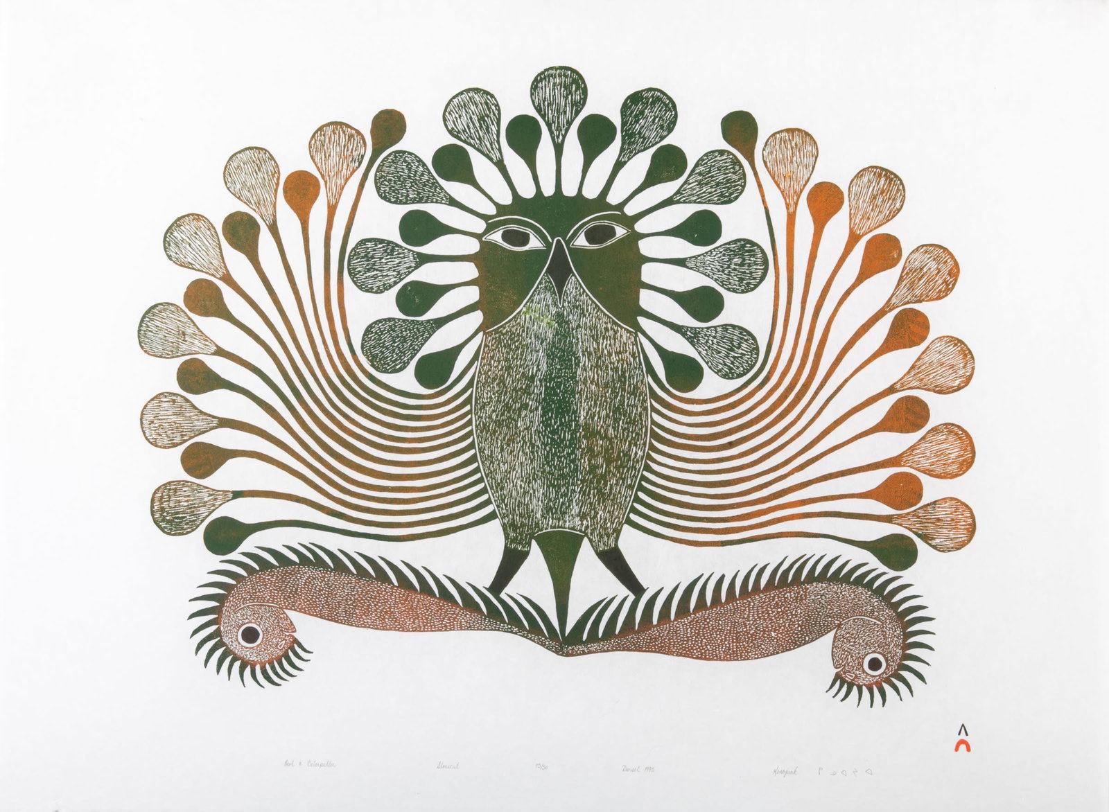 KENOJUAK ASHEVAK, INUIT, Owl and Caterpillar, 1995: KENOJUAK ASHEVAK, C.C., R.C.A. (1927-2013) KINNGAIT (CAPE DORSET) Owl and Caterpillar, 1995 #15 Printmaker: PEE MIKKIGA (1940-1996) KINNGAIT (CAPE DORSET) stonecut, 24.5 x 32 in (61.6 x 81.3 cm) 13/50