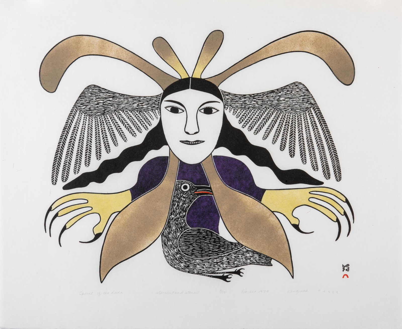 KENOJUAK ASHEVAK, INUIT, Spirit of the Raven, 1979: KENOJUAK ASHEVAK, C.C., R.C.A. (1927-2013) KINNGAIT (CAPE DORSET) Spirit of the Raven, 1979 #19 Printmaker: QABAVOAK QATSIYA (1942-) KINNGAIT (CAPE DORSET) stonecut and stencil, 23.75 x 28.75 in (60.3