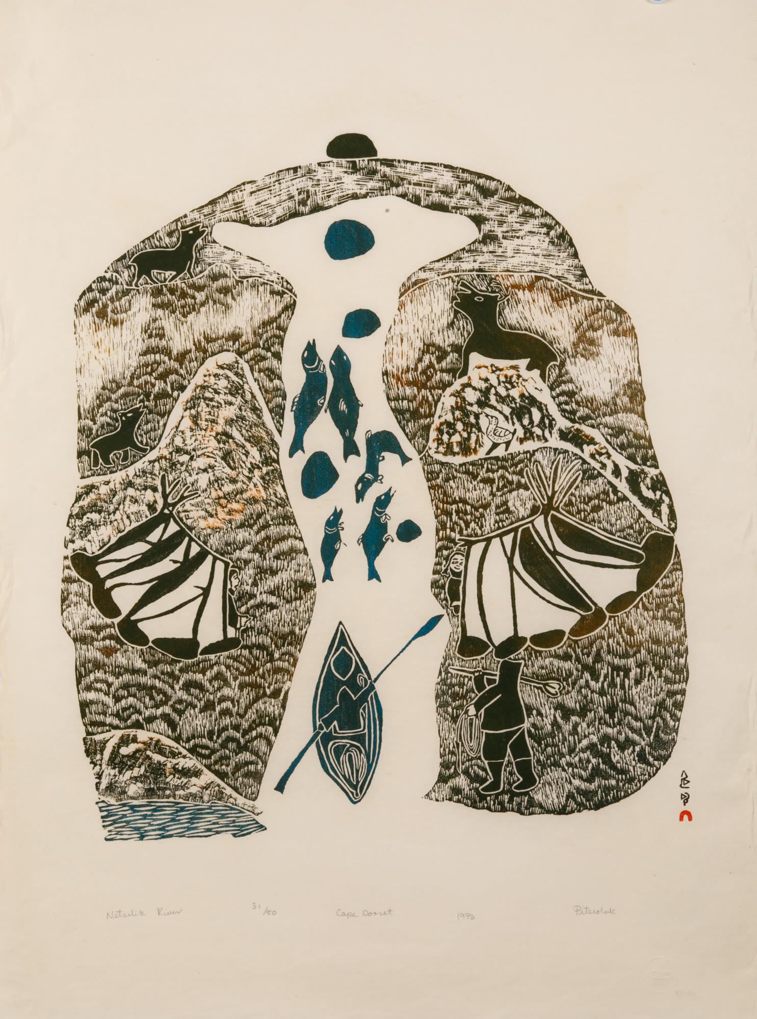 PITSEOLAK ASHOONA, INUIT, Netsilik River, 1973: PITSEOLAK ASHOONA, R.C.A., O.C., (1904-1983) KINNGAIT (CAPE DORSET) Netsilik River, 1973 #26 Printmaker: TIMOTHY OTTOCHIE (1904-1982) KINNGAIT (CAPE DORSET) stonecut, 34 x 25 in (86.3 x 63.5 cm) 31/50