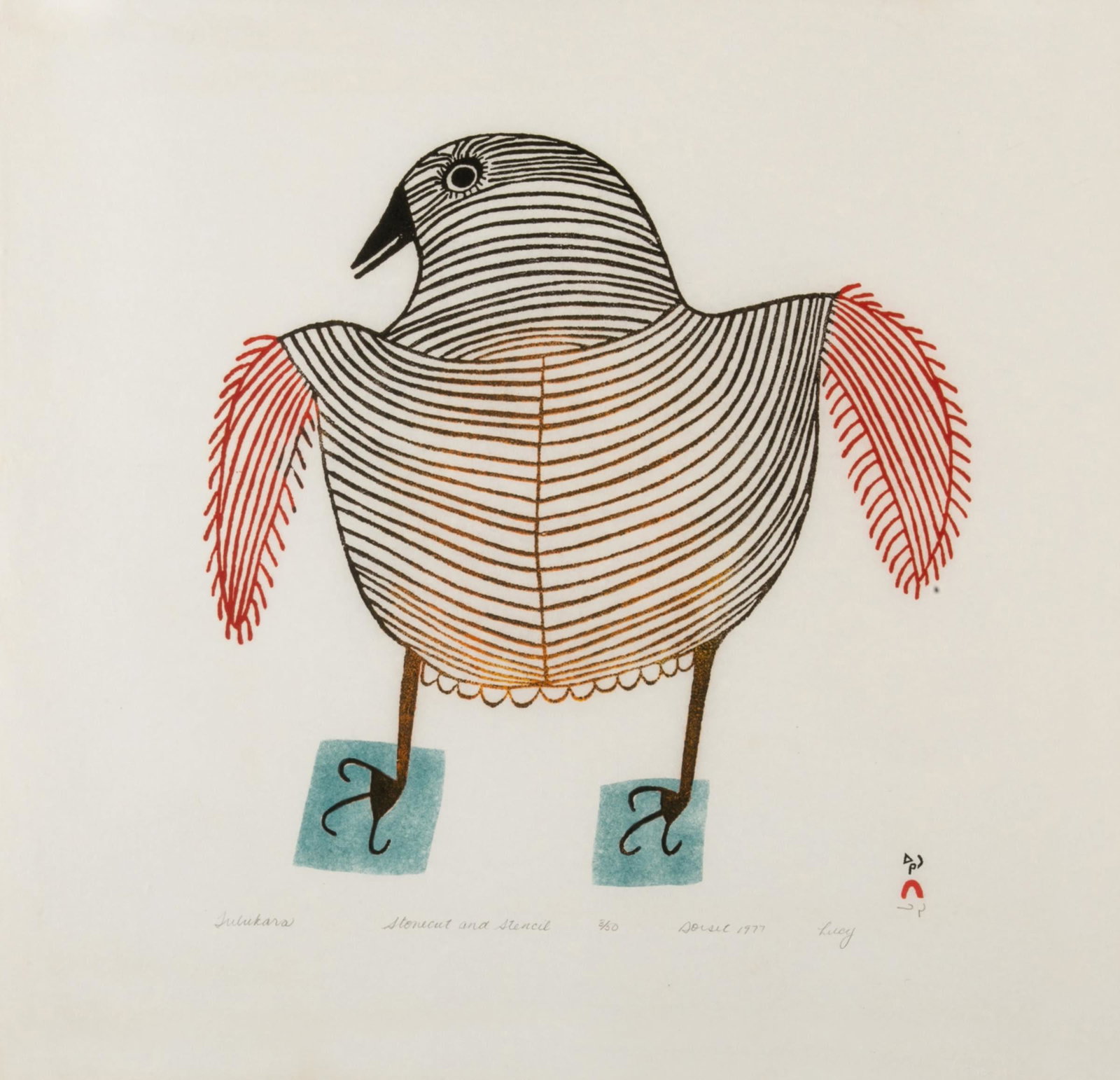 LUCY QINNUAYUAK, INUIT, Tulukara (Young Raven): LUCY QINNUAYUAK (1915-1982) KINNGAIT (CAPE DORSET) Tulukara (Young Raven), 1977 #38 Printmaker: TIMOTHY OTTOCHIE (1904-1982) KINNGAIT (CAPE DORSET) stonecut and stencil, 22.25 x 23.75 in (56.5 x 60.3 