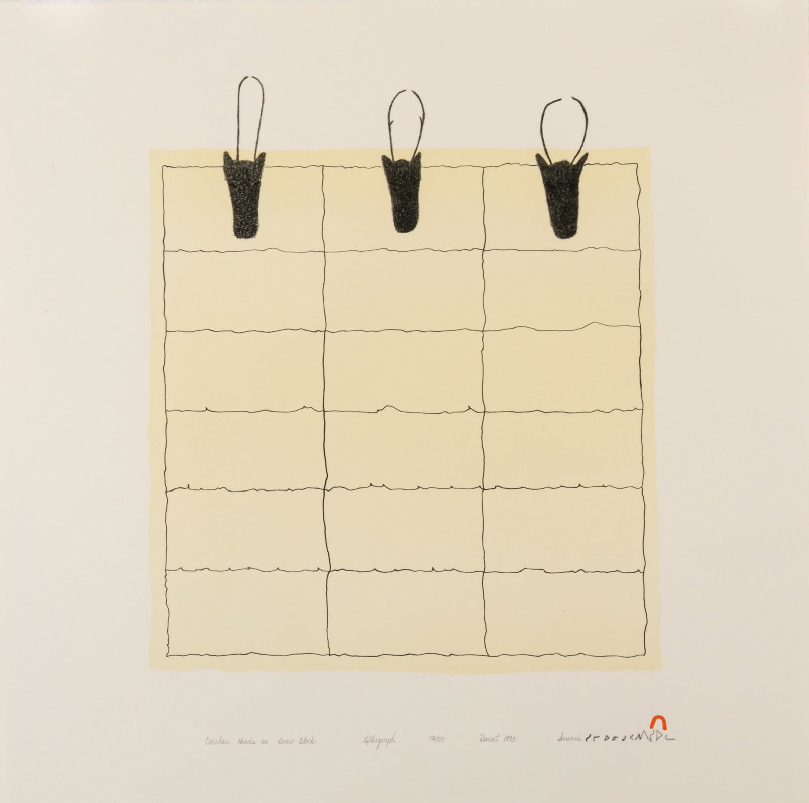SIMEONIE QUPPAPIK, INUIT, Caribou Heads on Snow Block,: SIMEONIE QUPPAPIK (KOPAPIK) (1909-1997) KINNGAIT (CAPE DORSET) Caribou Heads on Snow Block, 1993 #31 Printmaker: PITSEOLAK NIVIAQSI R.C.A. (1947-2015) KINNGAIT (CAPE DORSET) lithograph, 20.5 x 20.5 in
