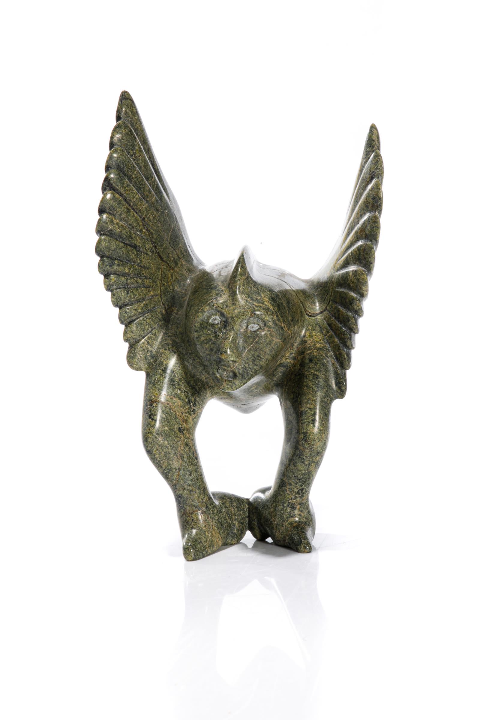JOHNNY SAGGIATOK, INUIT, Winged Shaman & Spirit Helper,: JOHNNY SAGGIATOK (1964-) KINNGAIT (CAPE DORSET) Winged Shaman with Spirit Helper, 1995 stone, 8.25 x 5.25 x 3.5 in (21 x 13.3 x 8.9 cm) signed, "ᔭᓂ / ᓴᒋᐊᑐ". Provena