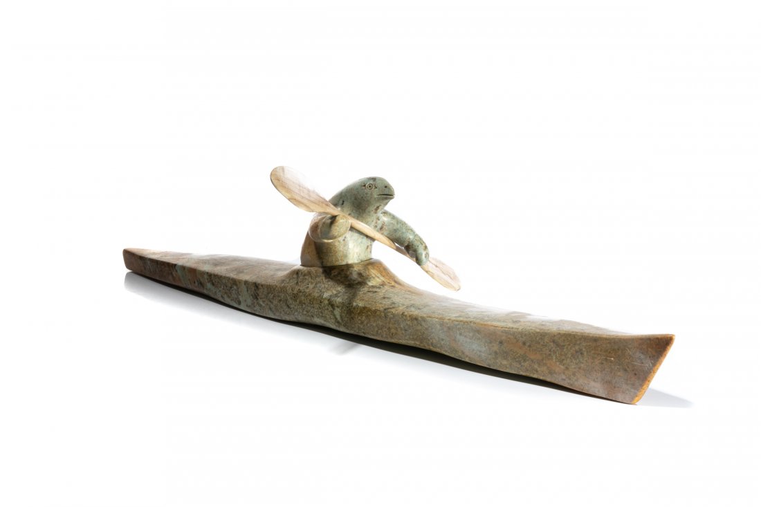 ABRAHAM ANGHIK RUBEN, INUIT, Bird Shaman Captaining: ABRAHAM ANGHIK RUBEN (1951-), PAULATUK / SALT SPRING ISLAND, BC Bird Shaman Captaining Kayak, 1998 stone and wood, 7.25 x 14 x 28.5 in (18.4 x 35.6 x 72.4 cm) signed and dated, "ANGHIK / 98". Provenan