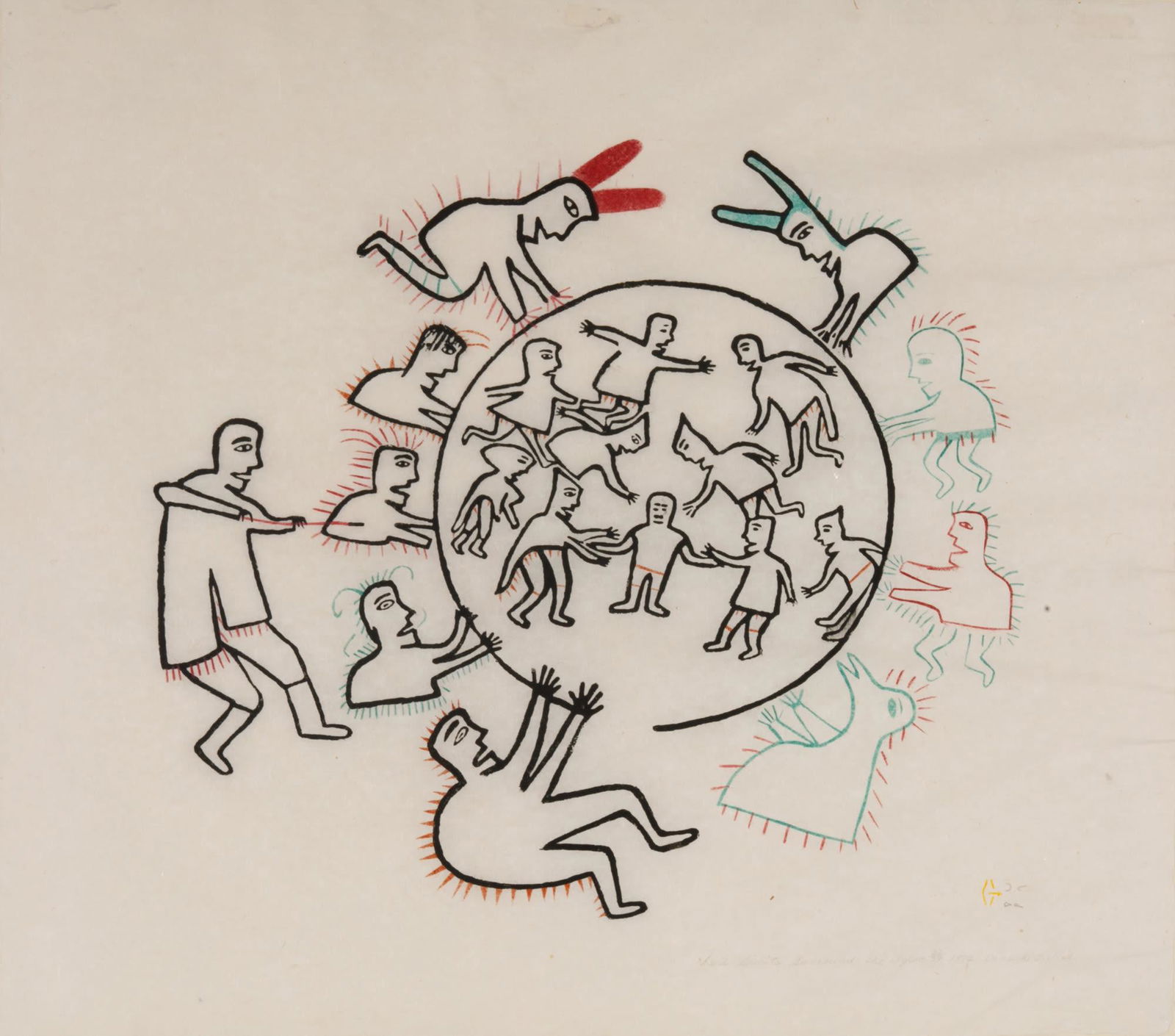 JESSIE OONARK, INUIT, Evil Spirits Surround the Igloo,: JESSIE OONARK, O.C., R.C.A (1906-1985) QAMANI’TUAQ (BAKER LAKE) Evil Spirits Surround the Igloo, 1972 (1973 # 21) Printmaker: MARGARET TOODLIK AMAROOK (1942-) QAMANI’TUAQ (BAKER LAKE) ston