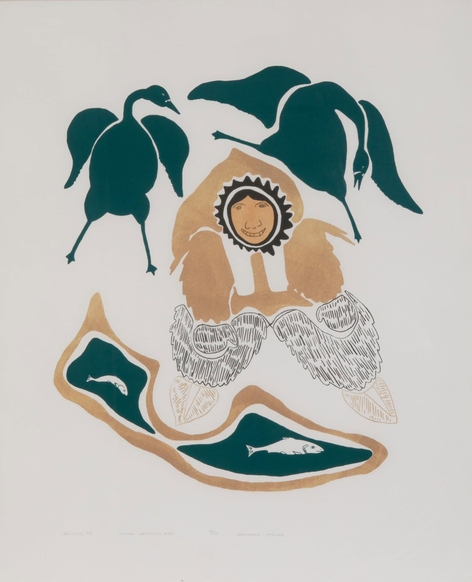 ANGES NANOGAK GOOSE, INUIT Woman Watching Fish, 1980: ANGES NANOGAK GOOSE (1925-2001) ULUKHAKTOK (HOLMAN ISLAND) Woman Watching Fish, 1980 (1980/1 #21) Printer: COLIN OKHEENA (1961-) ULUKHAKTOK (HOLMAN ISLAND) Platemaker: PETER PALVIK (1960-) ULUKHAKTOK 