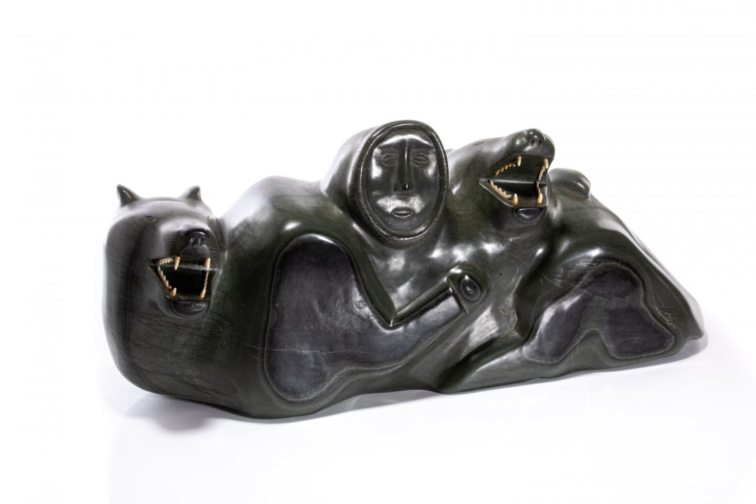 DAVIDEE TOOKTOO, INUIT, Hunter with Two Ferocious Polar: DAVIDEE TOOKTOO (1949-) KUUJJUARAPIK (GREAT WHALE RIVER) Hunter with Two Ferocious Polar Bears stone and antler, 9 x 20.5 x 4.5 in (22.9 x 52.1 x 11.4 cm) signed, "ᑎᕕ ᑕᑲᑕ