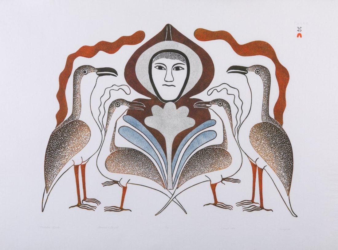 KENOJUAK ASHEVAK, INUIT, Protective Birds, 1985: KENOJUAK ASHEVAK, C.C., R.C.A. (1927-2013) KINNGAIT (CAPE DORSET) Protective Birds, 1985 (1997 #E5) Printmaker: SAGGIAKTOK SAGGIAKTOK (1932-) KINNGAIT (CAPE DORSET) stonecut and stencil, 25 x 33.5 in 