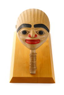 BEAU DICK, FIRST NATIONS, Clam Shell Rattle, 1984: BEAU DICK (1955-2017) KWAKWA̱KA̱ʼWAKW Clam Shell Rattle, 1984 polychromed wood and cedar bark, 11 x 6 x 3.75 in (27.9 x 15.2 x 9.5 cm) carved in two sections, the recto in shallow relie