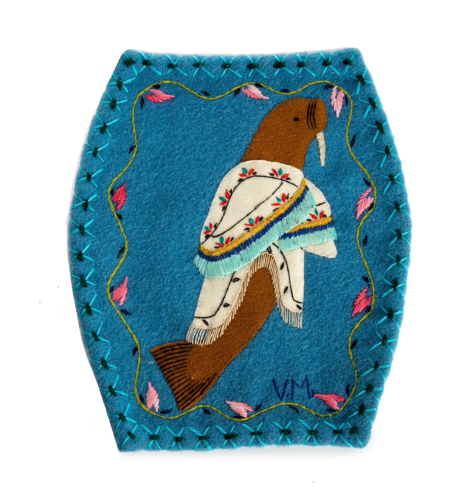 VERONICA KADJUAK MANILAK, INUIT, Untitled Wall Hanging: VERONICA KADJUAK MANILAK (1935-) KANGIQLINIQ (RANKIN INLET) Untitled Wall Hanging (Swimming Walrus in A Floral Amautiq), c. 1980s stroud, embroidery floss, felt, and cotton thread, 10.25 x 8.75 in (26