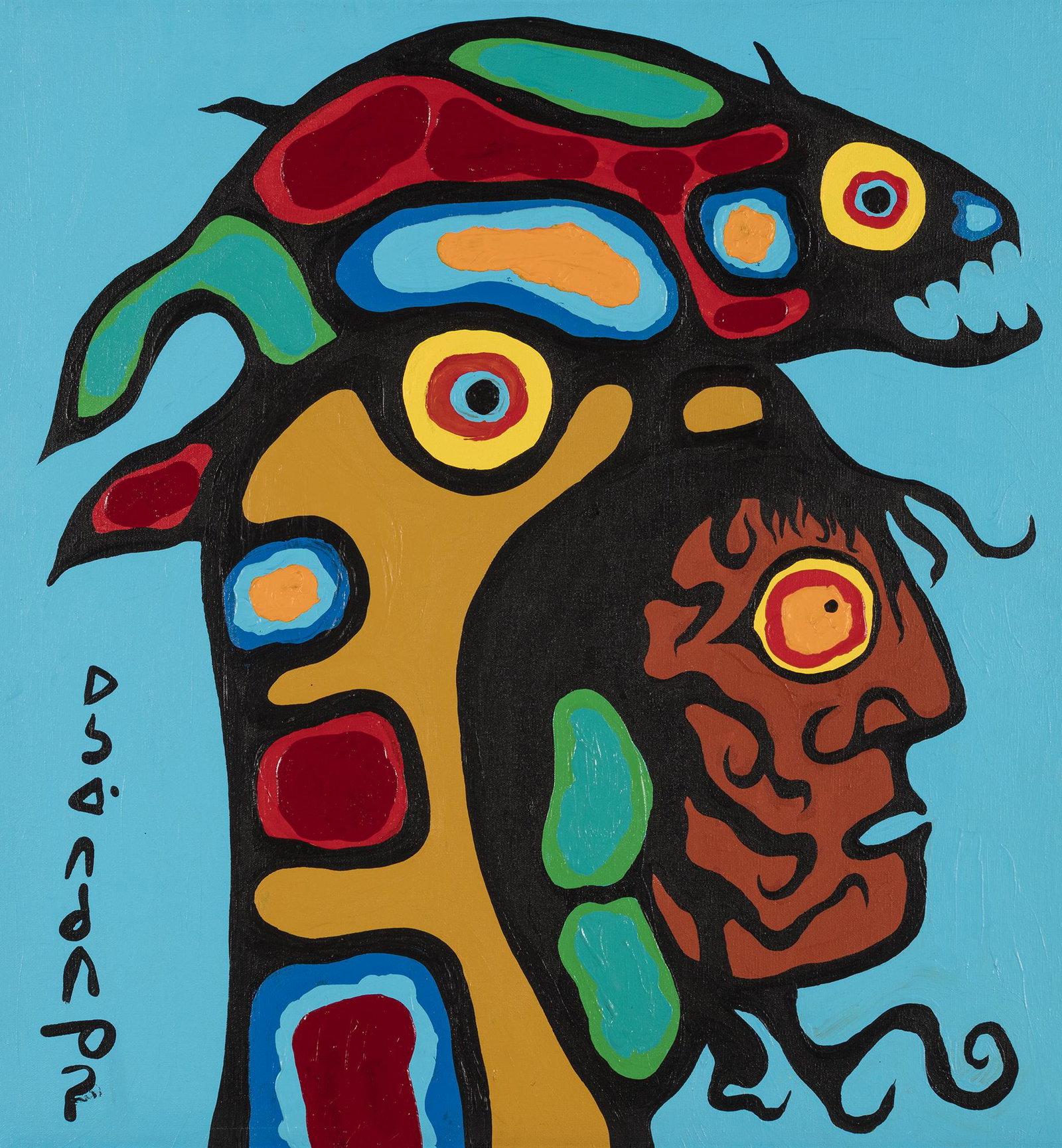 NORVAL MORRISSEAU, ANISHINAABE. (OJIBWE), Imagery: NORVAL MORRISSEAU, C.M. (1931-2007) ANISHINAABE (OJIBWE) Imagery Mock-up, 1981 acrylic on canvas, 25.25 x 27.5 in (64.1 x 69.8 cm), framed signed, "ᐅᓴᐊ·ᐱᑯᐱ5