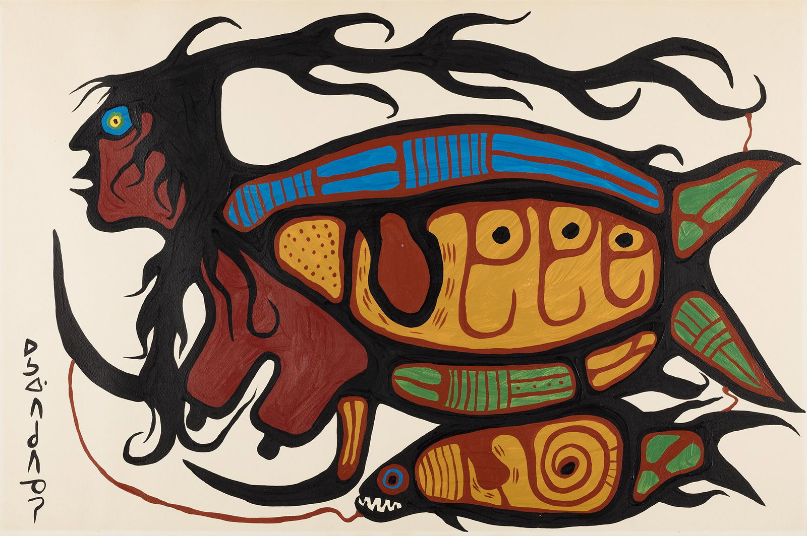 NORVAL MORRISSEAU, ANISHINAABE. (OJIBWE), Mother of: NORVAL MORRISSEAU, C.M. (1931-2007) ANISHINAABE (OJIBWE) Mother of Turtles, early-mid 1970s acrylic on paper heavy wove watercolour paper, 24 x 36 in (61 x 91.4 cm) signed, "ᐅᓴᐊ·