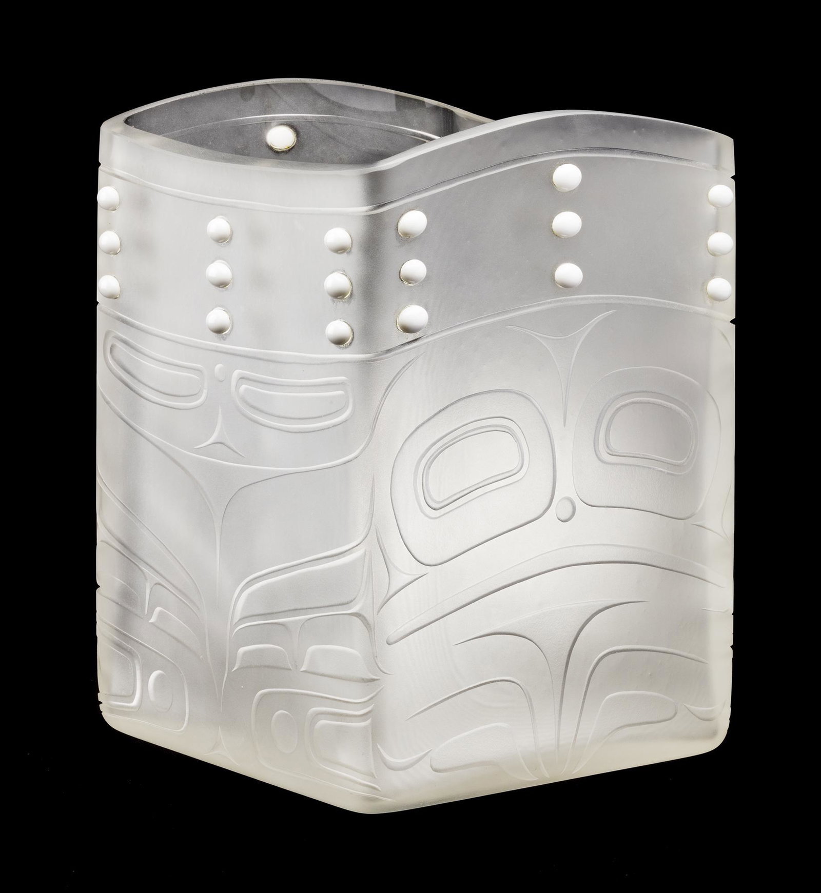 PRESTON SINGLETARY, TLINGIT & JOE DAVID,: PRESTON SINGLETARY (1963-) TLINGIT and JOE DAVID (1946-) NUU-CHAH-NULTH Glass "Bentwood" Container, 2004 blown and sand carved glass, 9.75 x 7 x 7 in (24.8 x 17.8 x 17.8 cm) signed and dated, "Preston