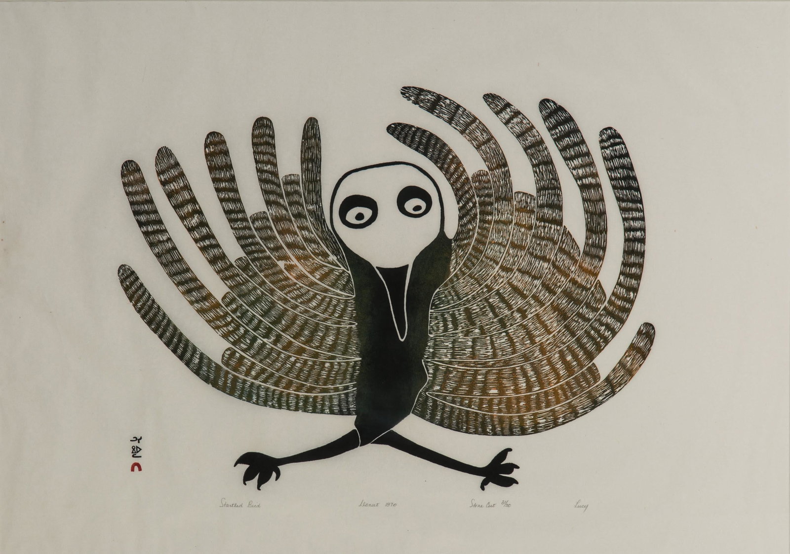 LUCY QINNUAYUAK, INUIT, Startled Bird, 1970 #27: LUCY QINNUAYUAK (1915-1982) KINNGAIT (CAPE DORSET) Startled Bird, 1970 #27 Printmaker: IYOLA KINGWATSIAK (1933-2000) KINNGAIT (CAPE DORSET) stonecut, 22.25 x 32 in (56.5 x 81.3 cm) framed, sight 31/50