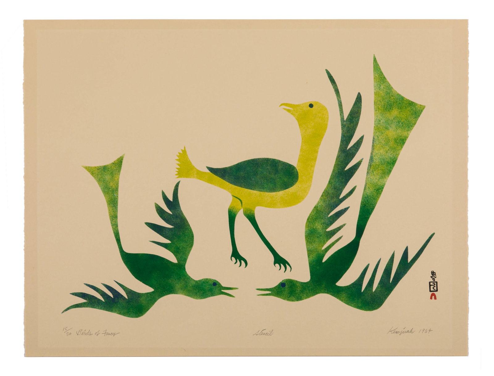 KENOJUAK ASHEVAK, INUIT, Birds of Fancy, 1964: KENOJUAK ASHEVAK, C.C., R.C.A. (1927-2013) KINNGAIT (CAPE DORSET) Birds of Fancy, 1964 (2004 #1) Printmaker: LUKTA QIATSUK (1928-2004) KINNGAIT (CAPE DORSET) stencil on cream coloured paper, 20 x 26.2