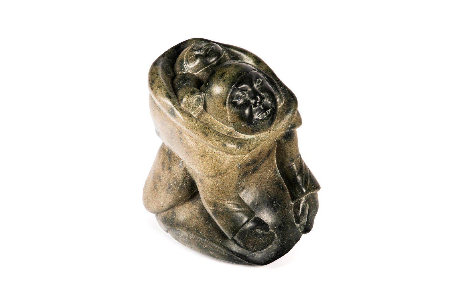 QAQAQ (KAKA) ASHOONA, INUIT, Kneeling Mother with Child in Her Amaut, mid 1970s: QAQAQ (KAKA) ASHOONA (1928-1996) KINNGAIT (CAPE DORSET) Kneeling Mother with Child in Her Amaut, mid 1970s stone, 12 x 10 x 12.25 in (30.5 x 25.4 x 31.1 cm) signed, "KAKA / ᐊᓯᓇ". Pro