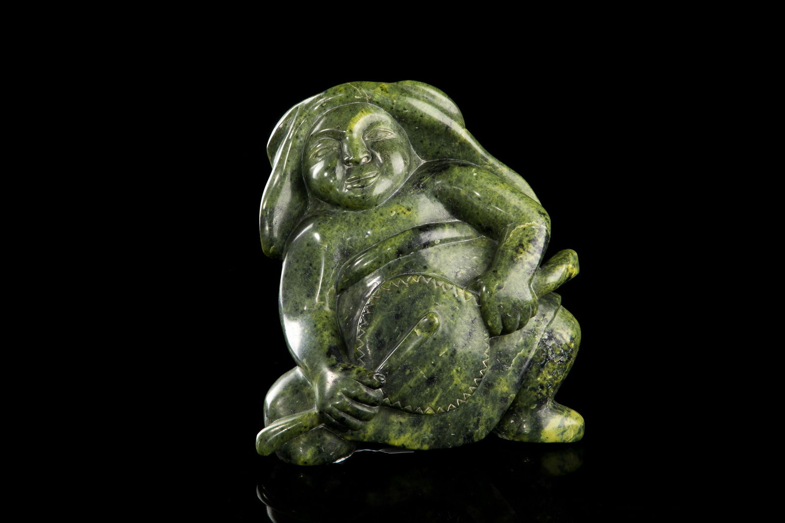 QAQAQ (KAKA) ASHOONA, INUIT, Drum Dancer, c. 1990: QAQAQ (KAKA) ASHOONA (1928-1996) KINNGAIT (CAPE DORSET) Drum Dancer, c. 1990 stone, 14 x 13 x 8 in (35.6 x 33 x 20.3 cm) signed, "KAKA". Provenance Private Collection, Toronto; Estate of the Above.