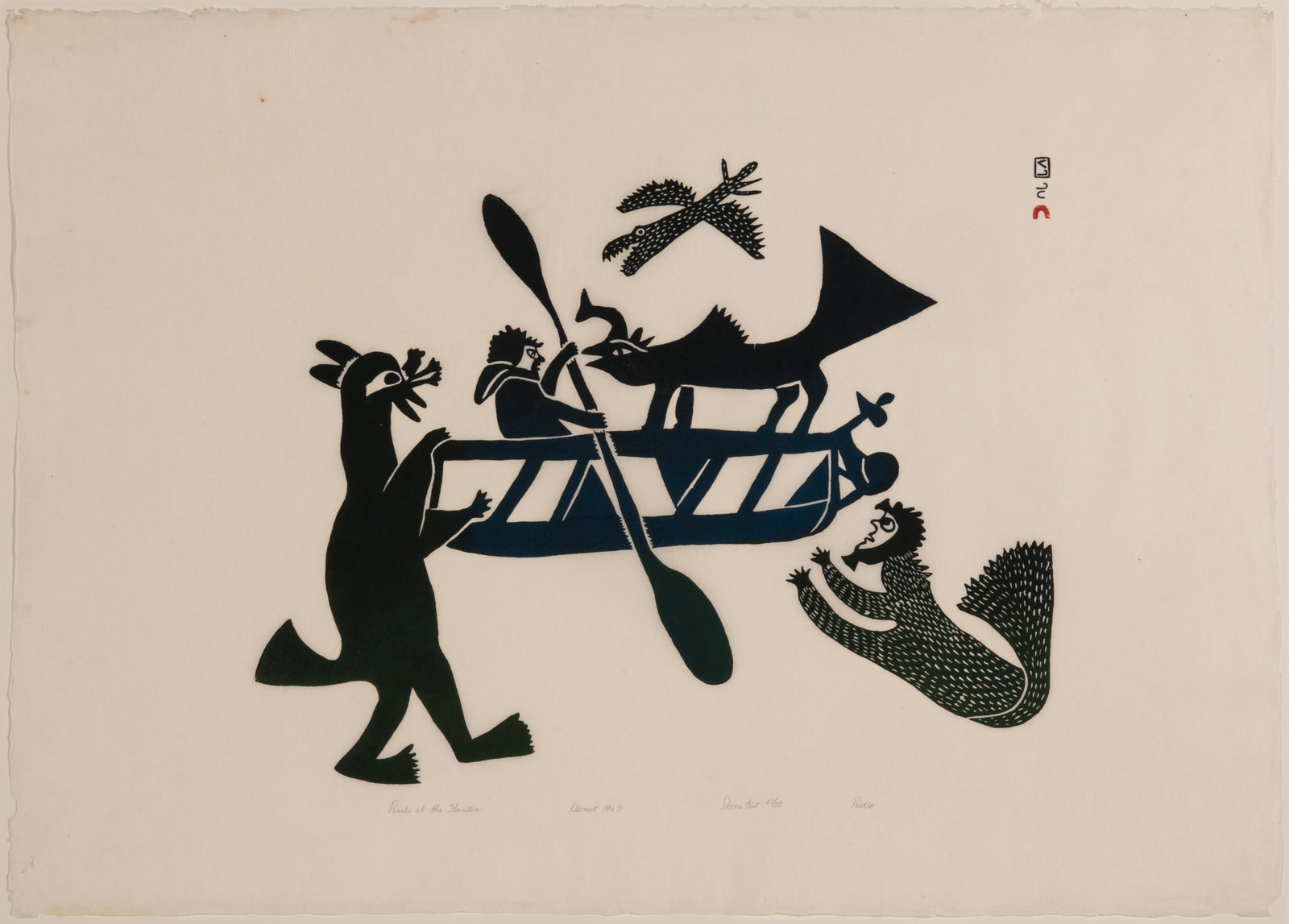 PUDLO PUDLAT, INUIT, Perils of the Hunter, 1969 (1970 #38): PUDLO PUDLAT (1916-1992) KINNGAIT (CAPE DORSET) Perils of the Hunter, 1969 (1970 #38) Printmaker: LUKTA QIATSUK (1928-2004) KINNGAIT (CAPE DORSET) stonecut, 24.5 x 29.25 in (62.2 x 74.3 cm) 27/50 Prov