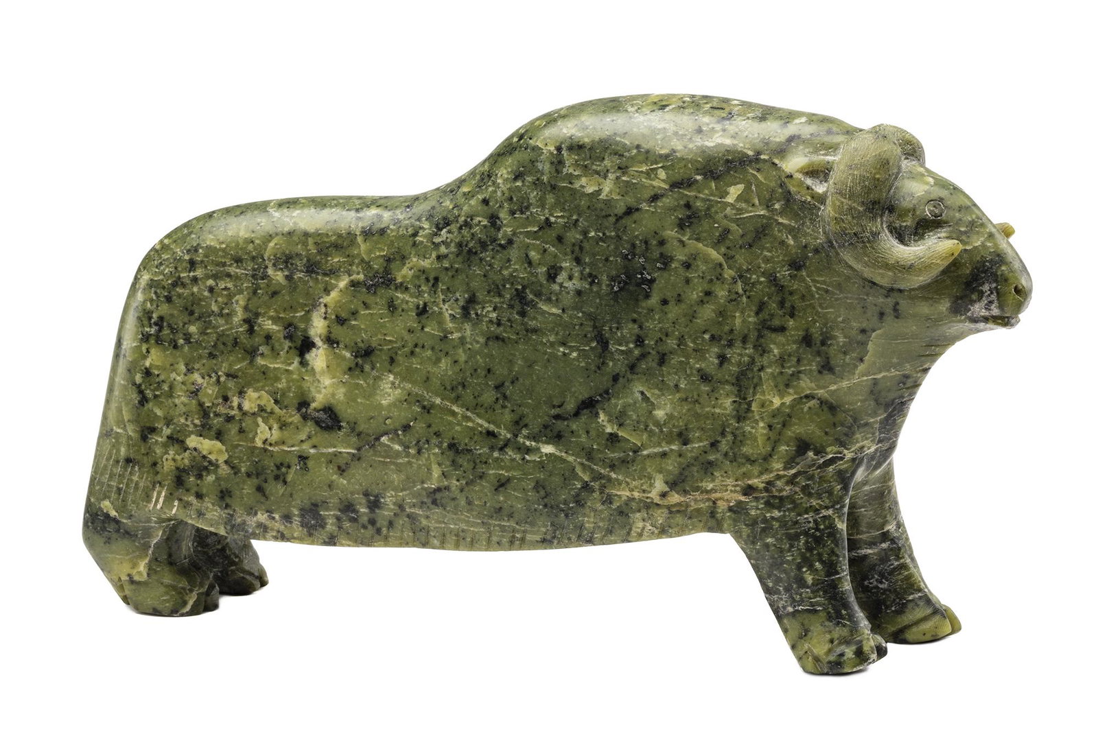 OSUITOK IPEELEE, INUIT, Muskox, c. early-mid 1970s: OSUITOK IPEELEE, R.C.A. (1922 or 1923-2005) KINNGAIT (CAPE DORSET Muskox, c. early-mid 1970s stone, 4.25 x 7.25 x 2 in (10.8 x 18.4 x 5.1 cm) signed and inscribed, ᐅᓱᐃᑐ / Ȁ