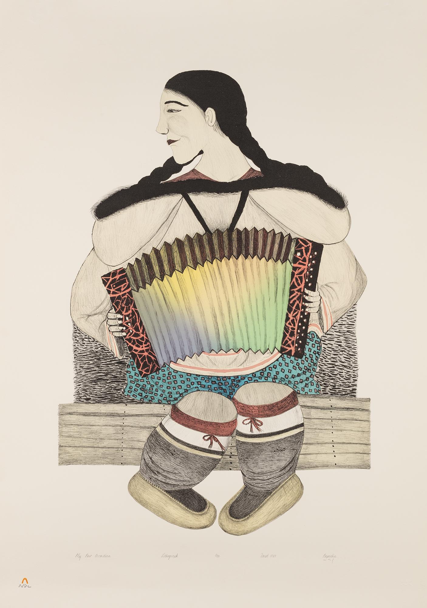 NAPACHIE ASHOONA, INUIT, My New Accordion, 1989 #23: NAPACHIE ASHOONA (1974) KINNGAIT (CAPE DORSET) My New Accordion, 1989 #23 Printmaker: PITSEOLAK NIVIAQSI R.C.A. (1947-2015) KINNGAIT (CAPE DORSET) lithograph, 45 x 31.75 in. (114 x 80.7 cm) 3/50 Prove
