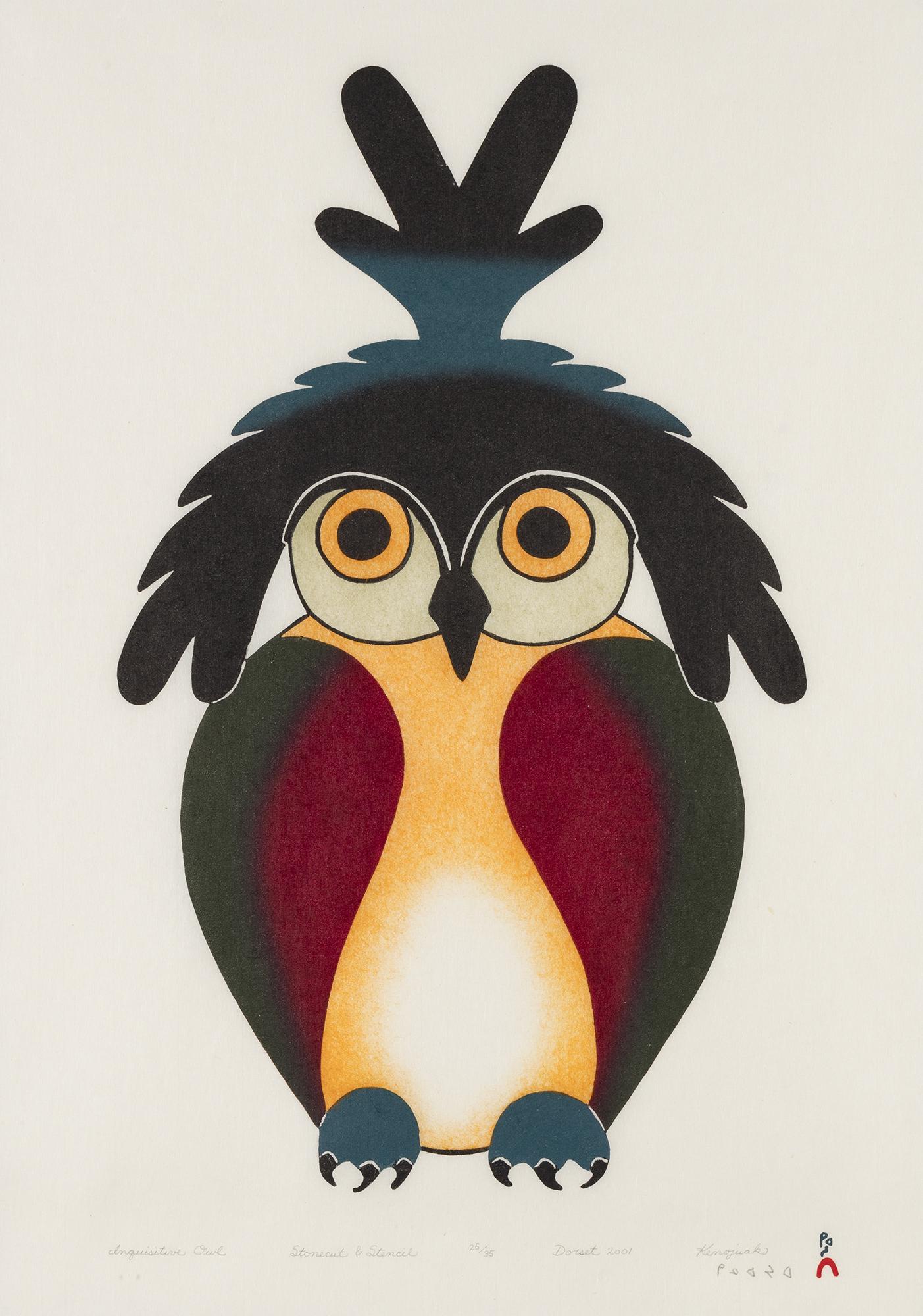 KENOJUAK ASHEVAK, INUIT, , Inquisitive Owl, 2001 (Special Release #1): KENOJUAK ASHEVAK, C.C., R.C.A. (1927-2013) KINNGAIT (CAPE DORSET) Inquisitive Owl, 2001 (Special Release #1) Printmaker: QIATSUQ NIVIAQSI (1941-) KINNGAIT (CAPE DORSET) stonecut and stencil, 22.75 x 1