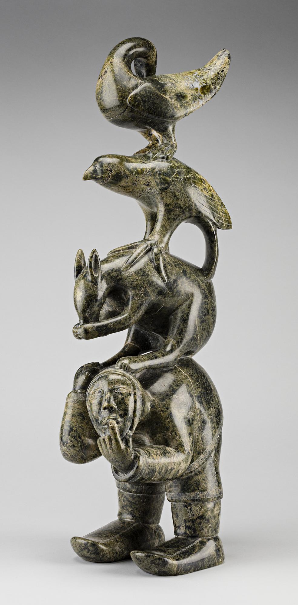 PITSEOLAK NIVIAQSI, Totem with Animals and Hunter, late 1990s (1 of 4)