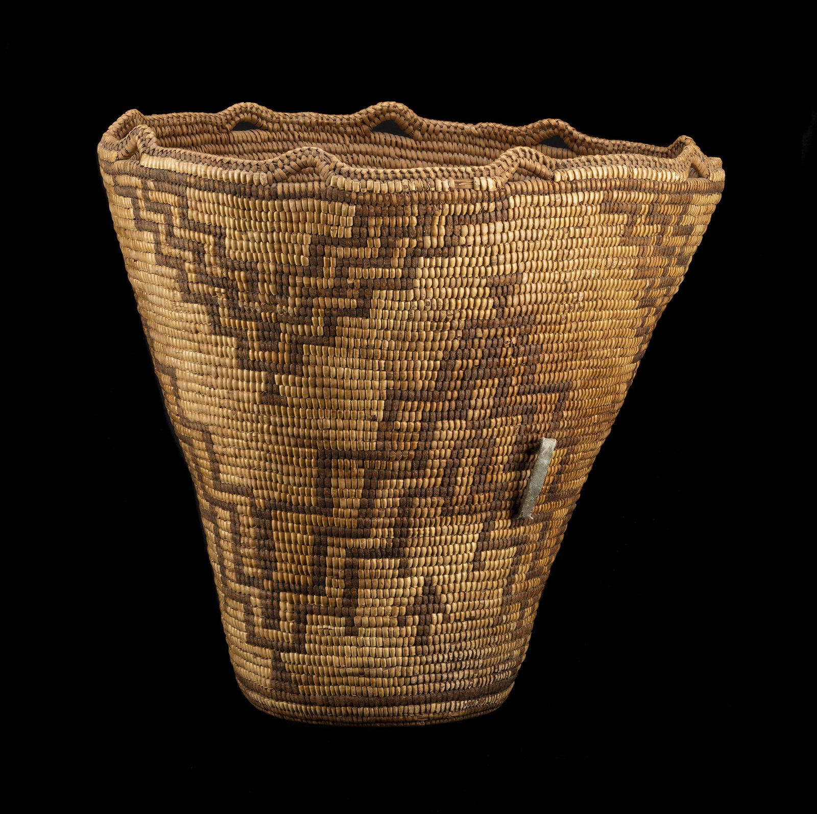 UNIDENTIFIED SALISH ARTIST, Klickitat or Yakima Burden Basket, late 1800s: UNIDENTIFIED SALISH ARTIST Klickitat or Yakima Burden Basket, late 1800s split cedar root, bear grass, horsetail root, and hide, 16 x 15.5 x 15.5 (40.6 x 39.4 x 39.4 cm) unsigned; imbricated with comp