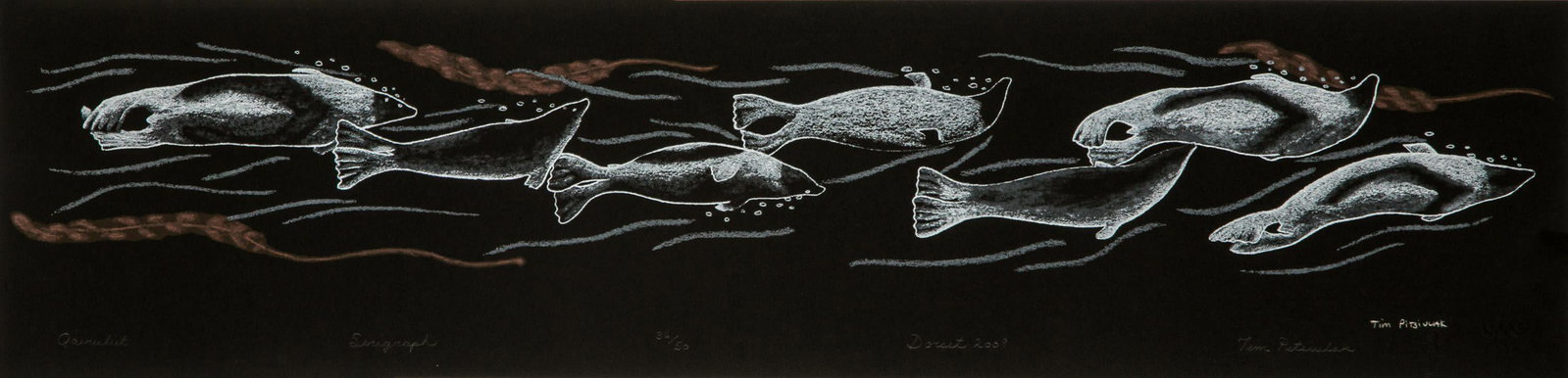 TIM PITSIULAK, INUIT, Qairuliit (Harp Seals), 2009 #35: TIM PITSIULAK (1967-2016) KINNGAIT (CAPE DORSET) Qairuliit (Harp Seals), 2009 #35 Printmaker: ATELIER GF serigraph, 7.5 x 30 in (19.1 x 76.2 cm) 36/50 Provenance Private Collection, Australia. Tim Pit
