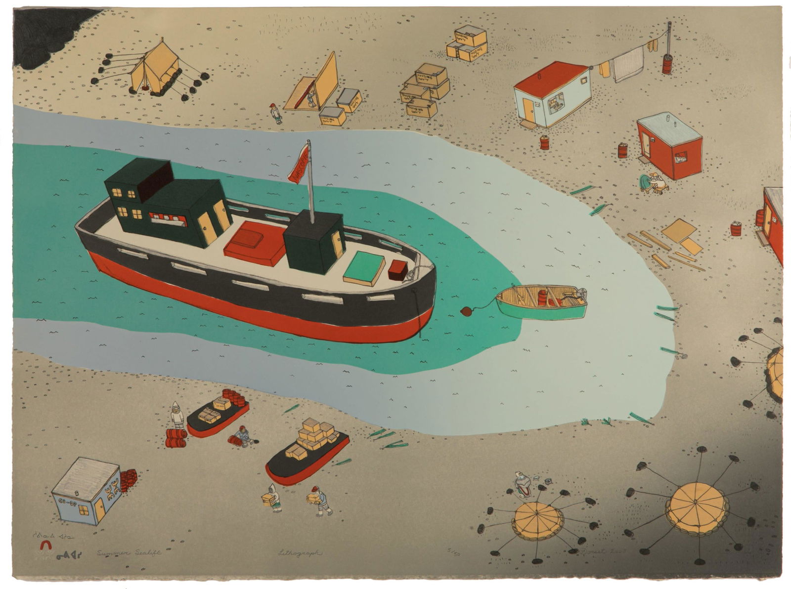 SHUVINAI ASHOONA, INUIT, Summer Sealift, 2003 #32: SHUVINAI ASHOONA (1961-) KINNGAIT (CAPE DORSET) Summer Sealift, 2003 #32 Printmaker: NIVEAKSIE QUVINANAQTULIAQ (1970 -) KINNGAIT (CAPE DORSET) lithograph, 22.25 x 30 in (57.1 x 76.2 cm) 5/50 Provenanc