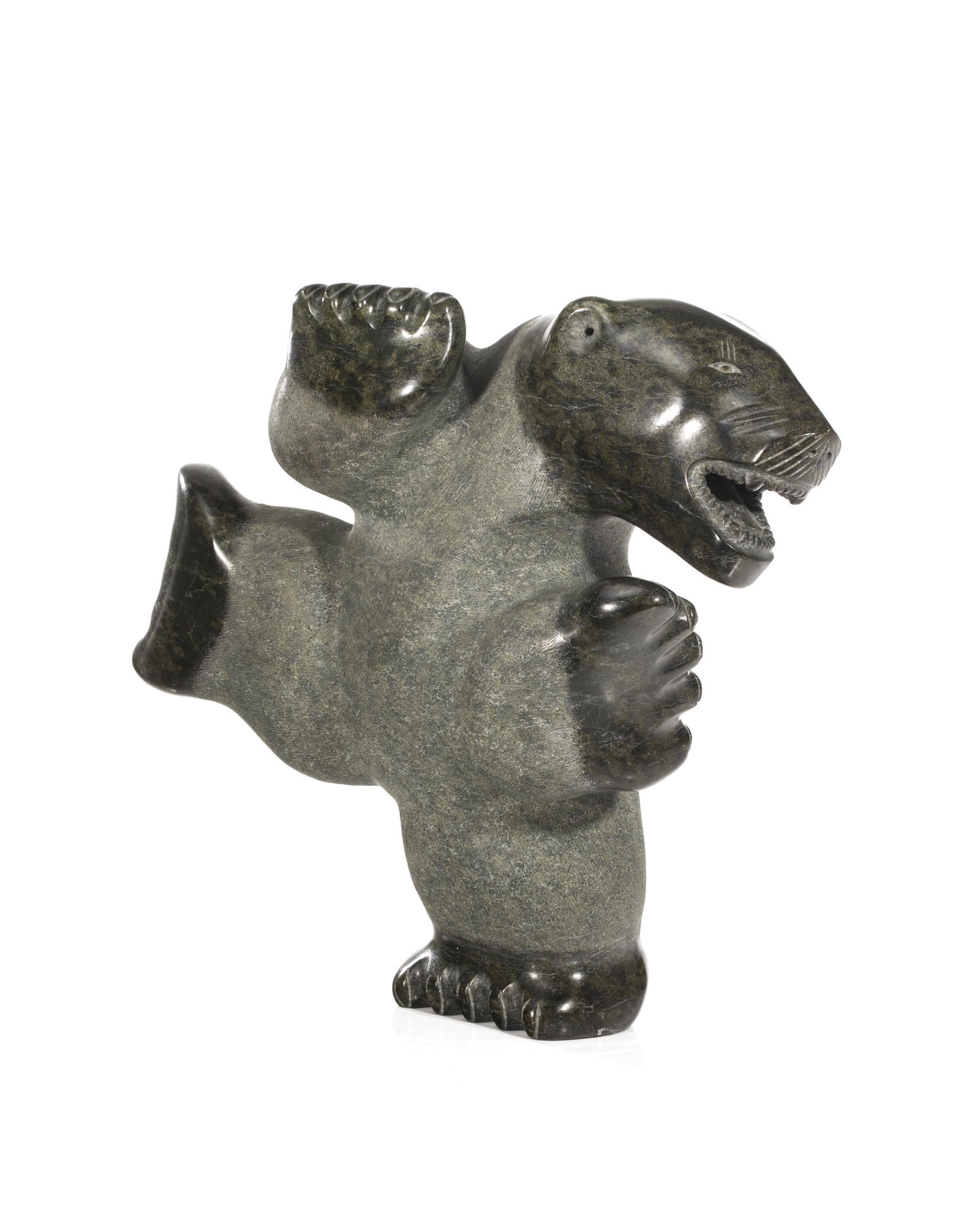 NALENIK TEMELA, INUIT, Dancing Polar Bear, 1993: NALENIK TEMELA (1939-) KIMMIRUT (LAKE HARBOUR) Dancing Polar Bear, 1993 stone, 18 x 21 x 8.75 in (45.7 x 53.3 x 22.2 cm) signed and dated, "ᓇᓕ[?] / ᑎᒥ[ᓚ] / 93". Provenanc