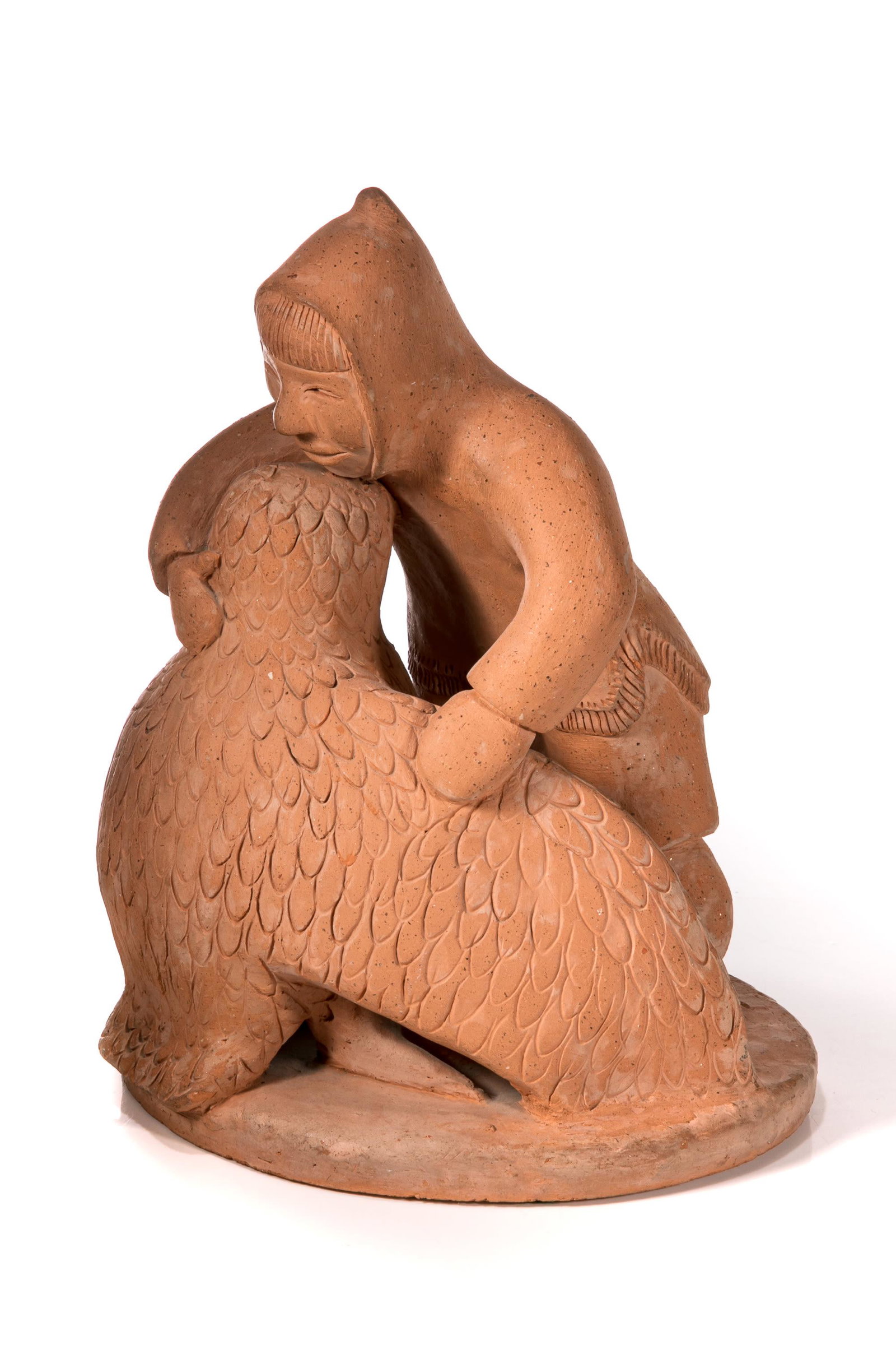 LAURENT AKSADJUAK, INUIT, Inuk Embracing a Snowy Owl, February 8, 1968: LAURENT AKSADJUAK (1935-) KANGIQLINIQ (RANKIN INLET) Inuk Embracing a Snowy Owl, February 8, 1968 unglazed ceramic, 12 x 8.5 x 8.75 in (30.5 x 21.6 x 22.2 cm) signed and inscribed, "ᐊᓴ6